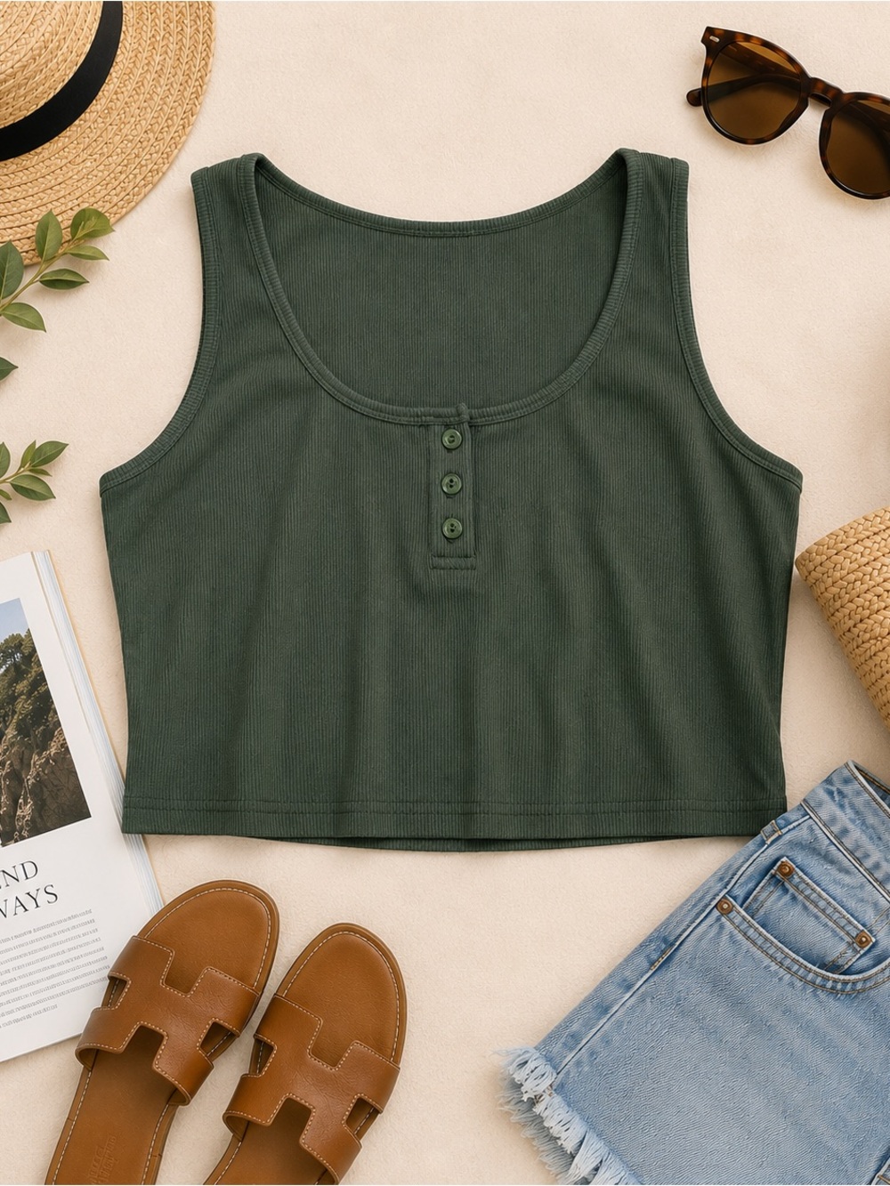 Olive Green Ribbed Henley Crop Tank Top XL Casual Capsule Wardrobe